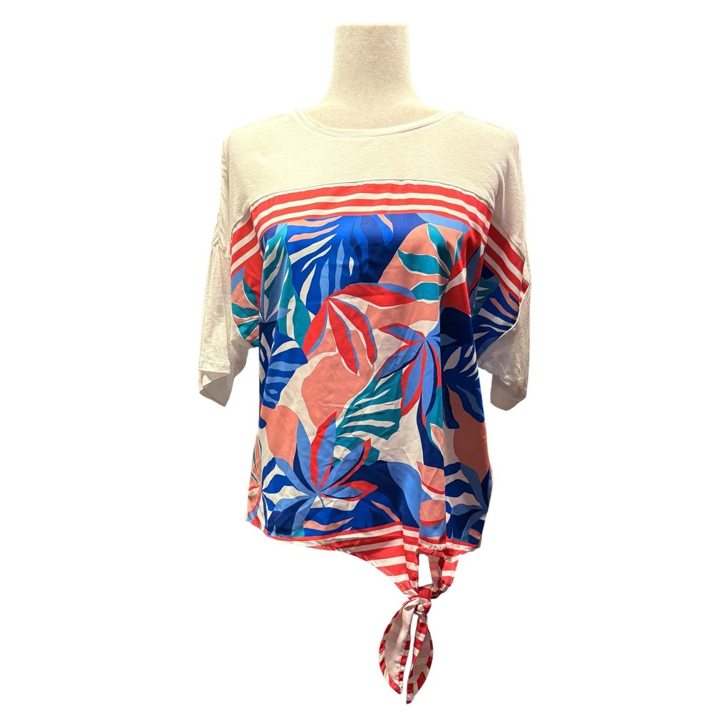 Tribal Jeans Art‎ Bazaar PicassoBlue Tropical Floral Tie Knit Top Women S NWT